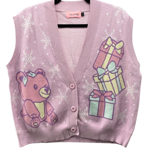 My Violet Sweaters - My Violet Teddy Bear Sweater Vest Womens XL/2X Pink Snowflake Presents Button